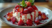 Fresh strawberry pavlova dessert with whipped cream, red berry sauce, and mint leaves on gray plate, shallow depth of field food photography.