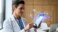 Asian female doctor using digital tablet with holographic medical network interface displaying connected healthcare data and technology innovations.