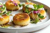 Pan-seared scallops with golden crust garnished with fresh microgreens, edible flowers and cream sauce served on ceramic plate. Gourmet seafood appetizer.