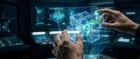 Hands manipulating holographic digital interface with glowing blue data visualization and futuristic technology elements in modern workspace environment.