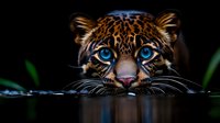 Mesmerizing close up of young leopard with bright blue eyes swimming in dark water, whiskers reflecting on surface against black background.
