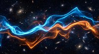 Abstract cosmic energy waves flowing through deep space with glowing blue and orange light streams against starfield background for digital art projects.