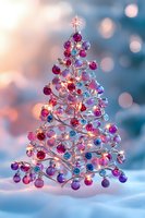 Glowing miniature Christmas tree decorated with pink and blue ornaments against soft bokeh background, standing in fresh snow with warm lighting effects.