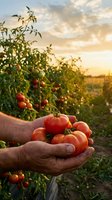 Farmer hands holding fresh ripe tomatoes at sunset in organic garden with tomato plants growing in background during golden hour harvest time.