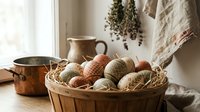 Rustic kitchen scene with fresh eggs in wicker basket, copper pot and dried herbs creating cozy farmhouse cooking atmosphere for culinary designs.