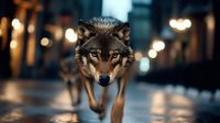 Majestic gray wolf walking forward on urban street at night with warm bokeh lights creating atmospheric mood for wildlife photography projects.