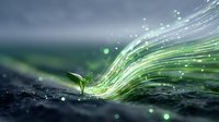 Young green sprout growing through abstract flowing water waves with magical sparkles and bokeh lights in dark environment, nature awakening concept.