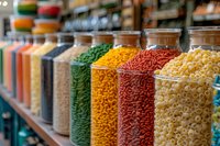 Colorful pasta and grains in glass storage jars displayed on wooden shelf in bulk food store, perfect for healthy eating and zero waste lifestyle concept.