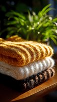 Cozy knitted sweaters stacked on wooden shelf with soft natural lighting and bokeh effect, warm autumn mood with houseplant in background.
