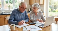 Senior Caucasian couple managing finances together at kitchen table with laptop, calculator and paperwork for retirement planning and budgeting.