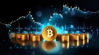 Golden bitcoin surrounded by stacked coins against dark background with blue trading chart, cryptocurrency market concept with reflection effect.