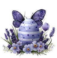 Purple Easter egg decorated with butterfly wings and dots, surrounded by lavender sprigs and cosmos flowers in soft purple tones on white background.