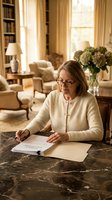 Senior Caucasian woman with glasses writing documents at marble desk in elegant home library with warm natural lighting and classic furniture.