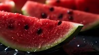 Fresh juicy watermelon slices with black seeds on dark background, close-up view showing bright red flesh and crisp green rind with water droplets and natural texture.