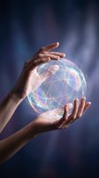 Hands protecting glowing energy sphere with rainbow light effects against dark blue background for spiritual and technology concepts.