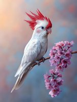 White and red crested cockatoo perched on blooming cherry blossom branch against soft pastel background, showcasing delicate feathers and vibrant spring colors.