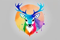 Colorful deer head with rainbow gradient antlers and watercolor splash effects against bright circular background, stylized wildlife art on gray backdrop.