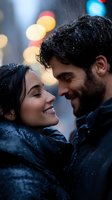 Romantic couple sharing intimate moment in rain with bokeh city lights background, Hispanic woman and bearded man embracing while snowflakes fall around them.