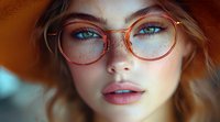 Young woman with striking blue eyes wearing vintage round red glasses and brown hat, soft natural makeup and pink lipstick in dreamy atmospheric portrait.