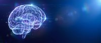 Digital brain with glowing neural networks on dark blue background. Artificial intelligence and machine learning concept for technology presentations.
