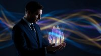 Professional businessman in dark suit holding glowing holographic family figures in palm against flowing light streaks background for technology concepts.