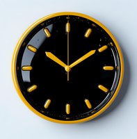 Modern wall clock with black face and yellow frame showing eleven o'clock. Yellow hour markers and hands create striking contrast against dark background.