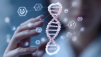 Female hand touching glowing DNA helix hologram with molecular structures and hexagonal icons floating in digital space, representing genetic research.