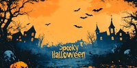 Haunted houses silhouetted against orange sky with flying bats, bare trees, and glowing windows create atmospheric Halloween scene on dark grunge background.