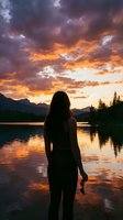 Woman with long dark hair standing by alpine lake at sunset, silhouetted against dramatic orange and purple sky with mountains and evergreen trees reflected in calm water.