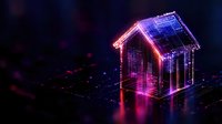 Glowing neon house wireframe on dark background with pink and blue light effects, digital grid lines and reflections creating futuristic architectural concept.