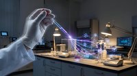 Scientist hand holding test tube with glowing purple liquid and digital network connections in modern laboratory for research and development.