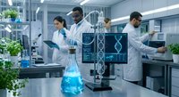 Scientists conducting DNA research in modern laboratory with digital genetic analysis display and blue chemical solution in flask.