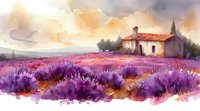 Watercolor landscape with white Mediterranean villa surrounded by vibrant purple lavender field at sunset, dramatic orange sky and distant hills.