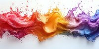 Dynamic splash of vibrant liquid paint creating rainbow wave effect with red, orange, yellow, and purple colors flowing against white background, abstract art motion.