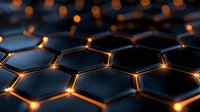 Hexagonal dark metallic surface with glowing orange edges creating futuristic technological pattern, abstract background with depth and dramatic lighting effects.