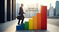 Professional businessman climbing colorful bar chart steps representing growth and achievement concept against modern city skyline backdrop.