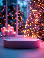Round podium with festive bokeh lights background, Christmas tree silhouette and window reflection creating magical holiday atmosphere in pink and blue colors.
