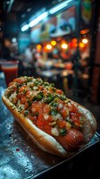 Gourmet hot dog with fresh tomato salsa and herbs served at urban street food stand with colorful neon lights creating atmospheric bokeh background for culinary marketing.