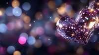Sparkling glass heart ornament with glitter against blurred bokeh background in pink and blue tones creates romantic atmosphere for Valentine's Day celebrations.