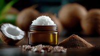 Organic coconut oil in brown glass jar with fresh coconut flakes, pink himalayan salt and ground coconut powder on dark wooden surface with tropical mood.