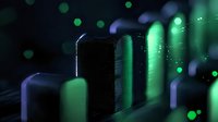 Futuristic server room with glowing green lights and bokeh effects creating atmospheric data center environment for technology and computing concepts.