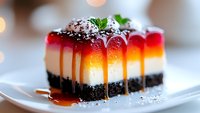 Layered dessert with chocolate crust, cream cheese filling, and vibrant red-orange jelly topping, garnished with chocolate crumbs and mint leaf on white plate.