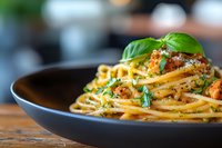 Fresh spaghetti pasta with meat sauce, parmesan cheese and basil leaf served in black ceramic bowl on wooden table, selective focus on garnish.