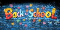 Colorful back to school text graffiti style on blue brick wall with bright paint splashes and stars, urban street art background for education season.