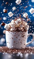 Hot chocolate explosion with marshmallows and chocolate sprinkles flying out of white ceramic mug against blue background, dynamic food photography with splash effect.