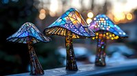 Glowing stained glass mushroom lamps with colorful blue and amber patterns against blurred bokeh lights background create magical garden atmosphere.