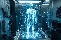 Glowing blue holographic male anatomy projection in futuristic medical laboratory setting shows detailed muscular system visualization against dark background.