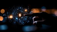 Hand touching futuristic digital interface with glowing circuits and data visualization against dark background with bokeh lights for technology concepts.