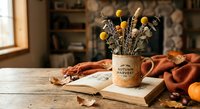 Autumn harvest arrangement with dried flowers and yellow blooms in ceramic mug on wooden table with orange blanket and fallen leaves creating cozy seasonal decor.