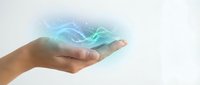 Hand holding glowing digital wave of blue and green light energy, representing technology, innovation, and data transfer for business and digital solutions.